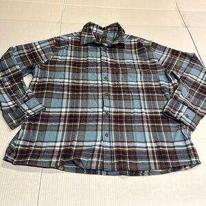 Eddie Bauer striped plaid flannel button down shirt 100% cotton w front pocket